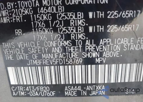 2015 Toyota Rav4 Le z USA, uszkodzony, nr VIN JTMBFREV5FD158769